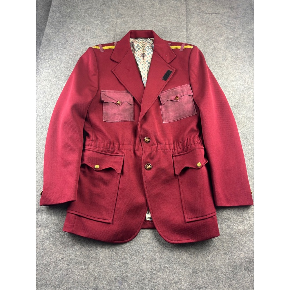 VTG JCPenney Burgundy Military Safari Jacket Gold Buttons Epaulettes Red MENS 40